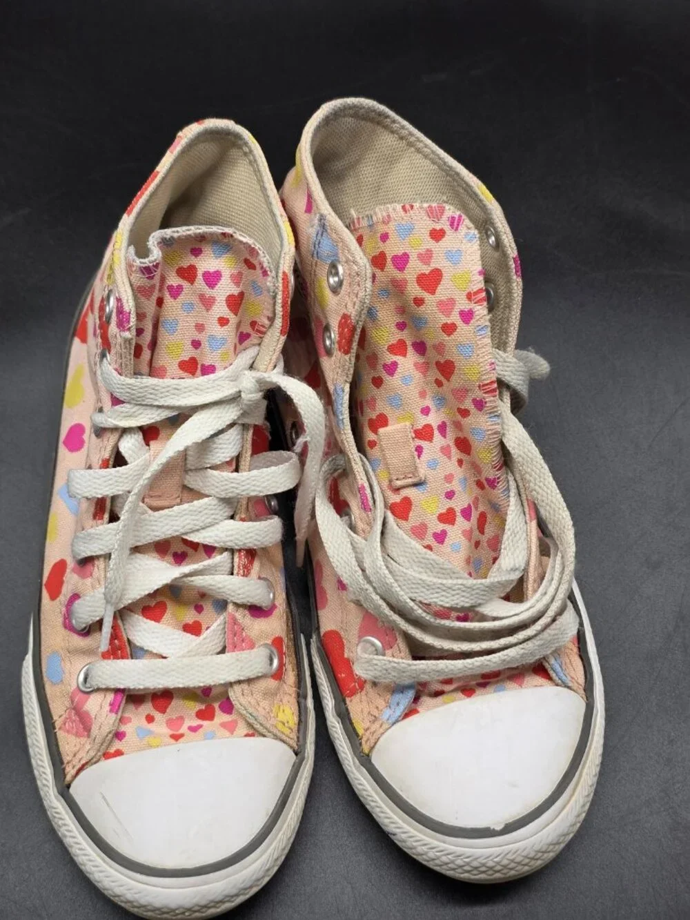 Converse All Star Shoes Kids Size 2 Pink Heart High Top Sneakers Damage Stains